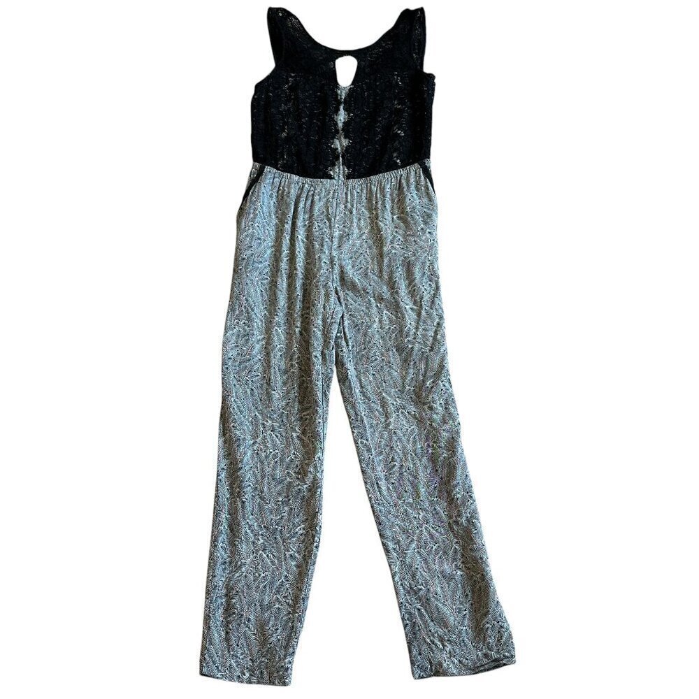 Elevenses Anthro Grey Black Leaf Print Jumpsuit Lace Top High Waist Size 4 Women